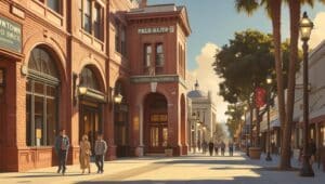 Downtown Palo Alto streetscape with historic red-brick buildings, pedestrians walking past the Palo Alto City Office, and performance bond relevance echoed in the city’s preserved architecture and civic identity