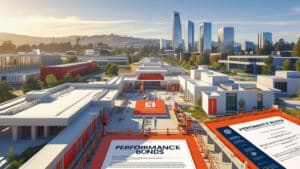 Expansive construction site in Palo Alto, California, featuring a modern research and technology campus with bold red signage, performance bond documents in the foreground, and high-rise towers in the background.