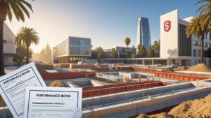 Performance bond certificates displayed in front of an active foundation construction site in Palo Alto, California, surrounded by palm trees, modern office buildings, and futuristic architecture.