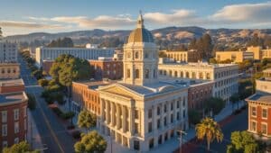 Aerial view of a neoclassical government building in downtown Palo Alto, California, with a white dome, red-brick facades, and rolling hills in the background, symbolizing civic stability and development oversight.