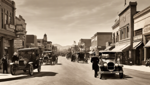 an image showcasing a bustling street scene in Paramount, CA in the early 1900s. Include vintage cars, pedestrians in period clothing, and historic storefronts to capture the town's rich historical background.