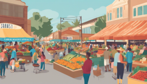 an image of the vibrant Farmers Market in Paramount, CA. Show colorful stalls selling fresh produce, local crafts, and bustling crowds exploring the diverse offerings.