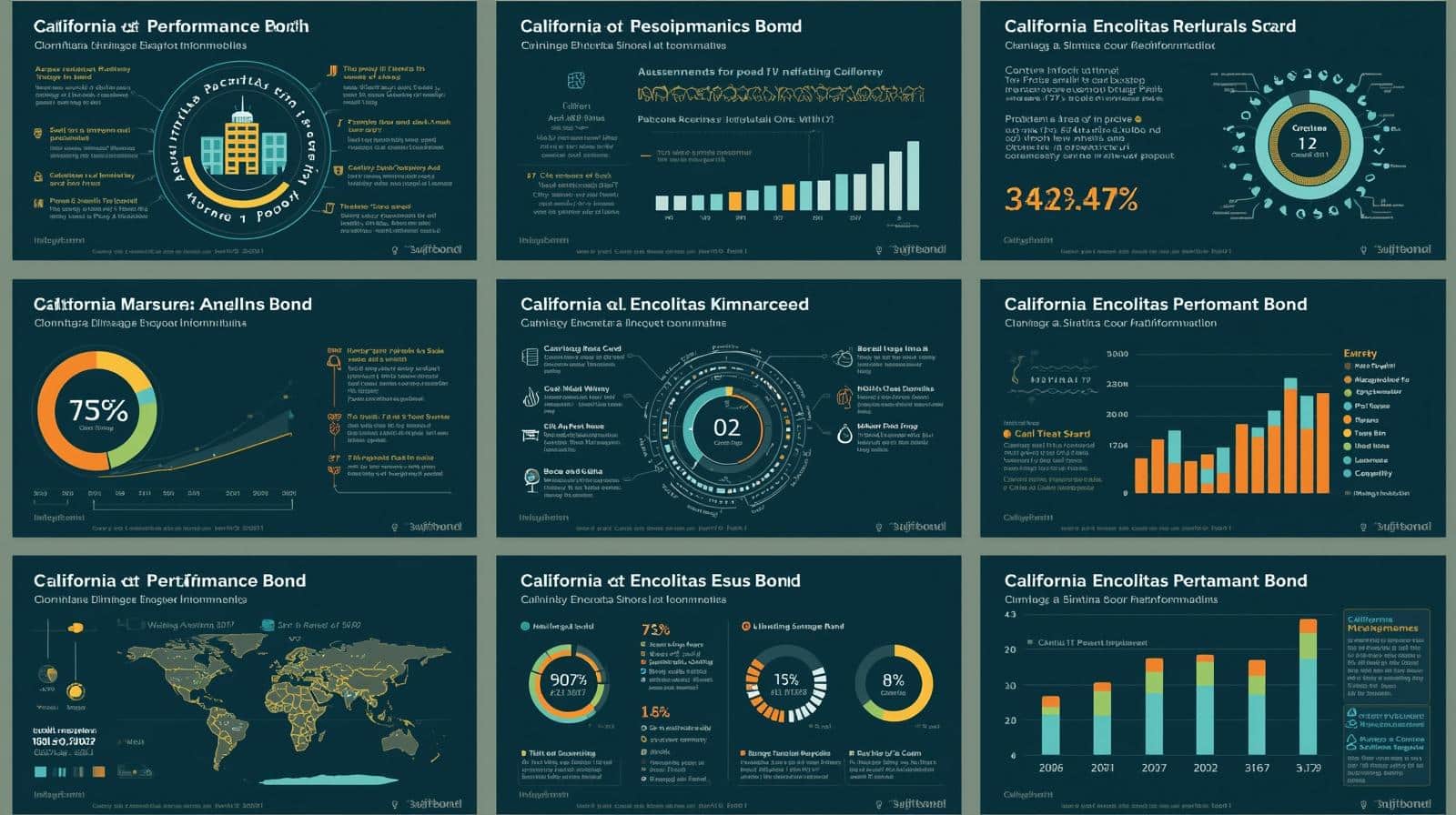 Infographic showing California performance bond statistics with maps, charts, and compliance metrics.