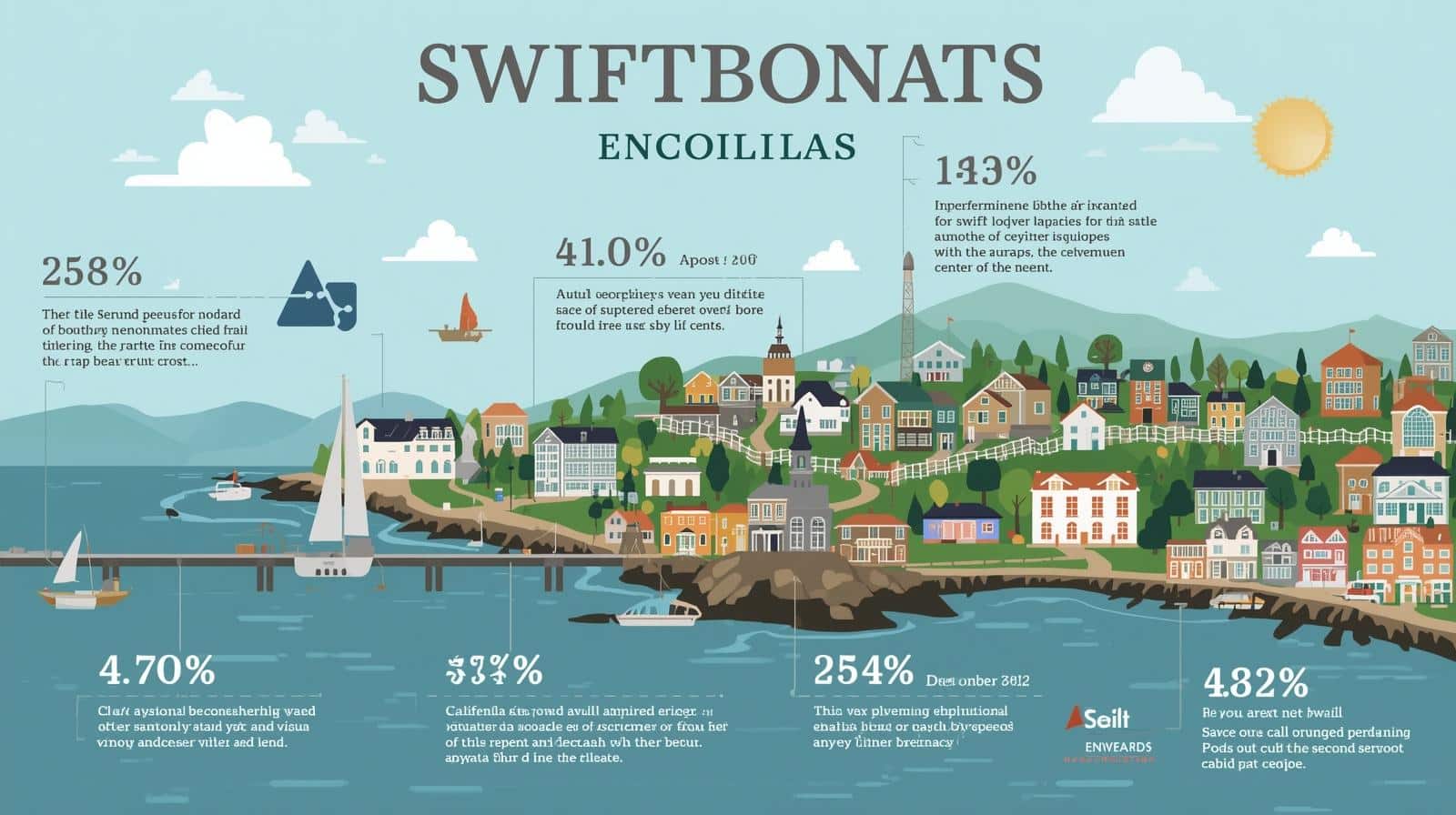 Illustrated coastal town infographic with data points highlighting bond performance and economic growth in Encinitas.