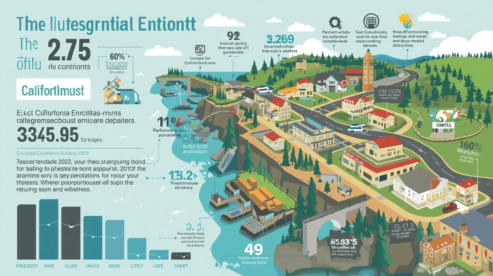 Infographic of Encinitas bond statistics using charts, buildings, and community visuals to represent construction bonds.