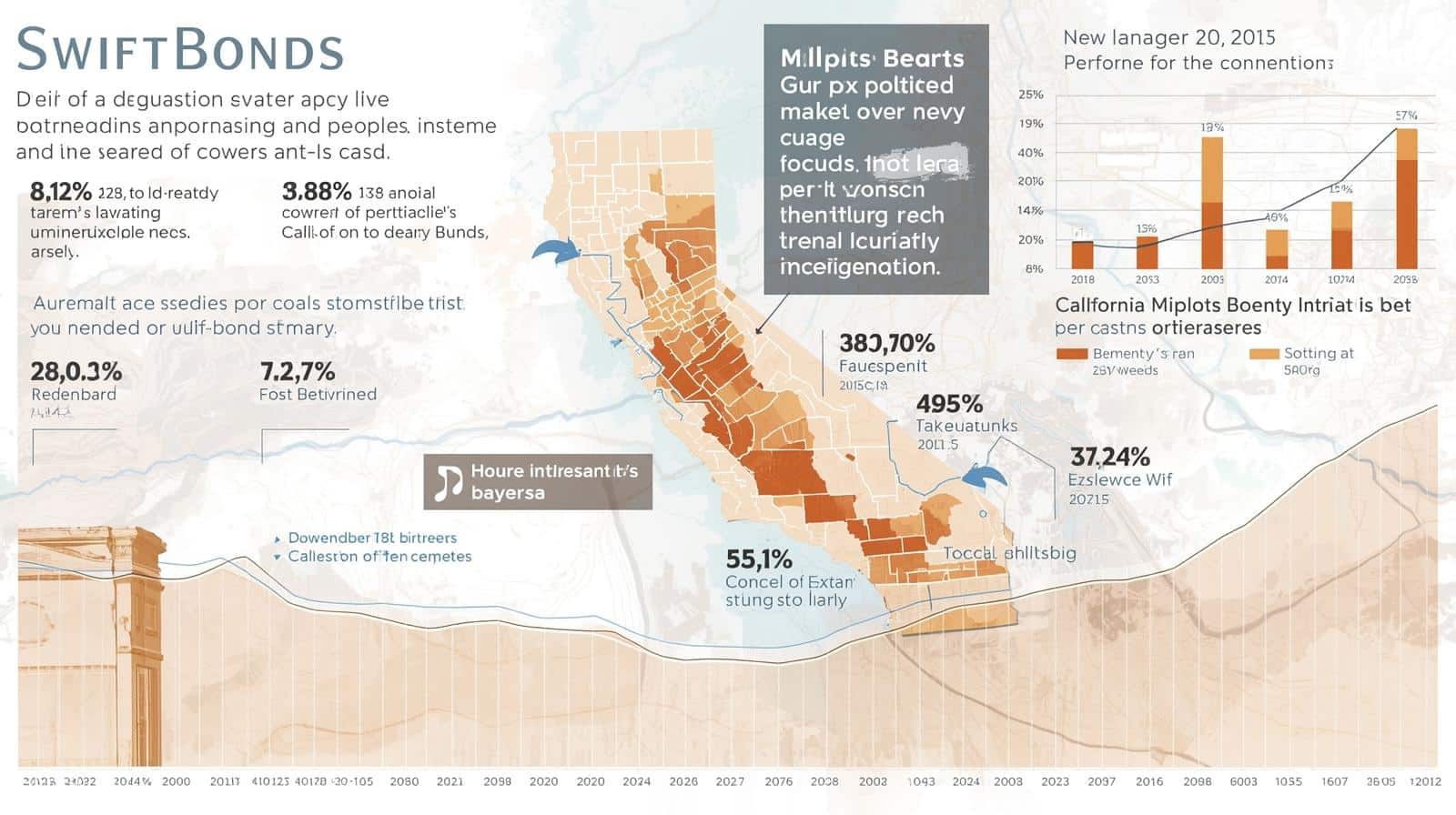 Map of California highlighting Milpitas with bond performance metrics, percentages, and growth charts.