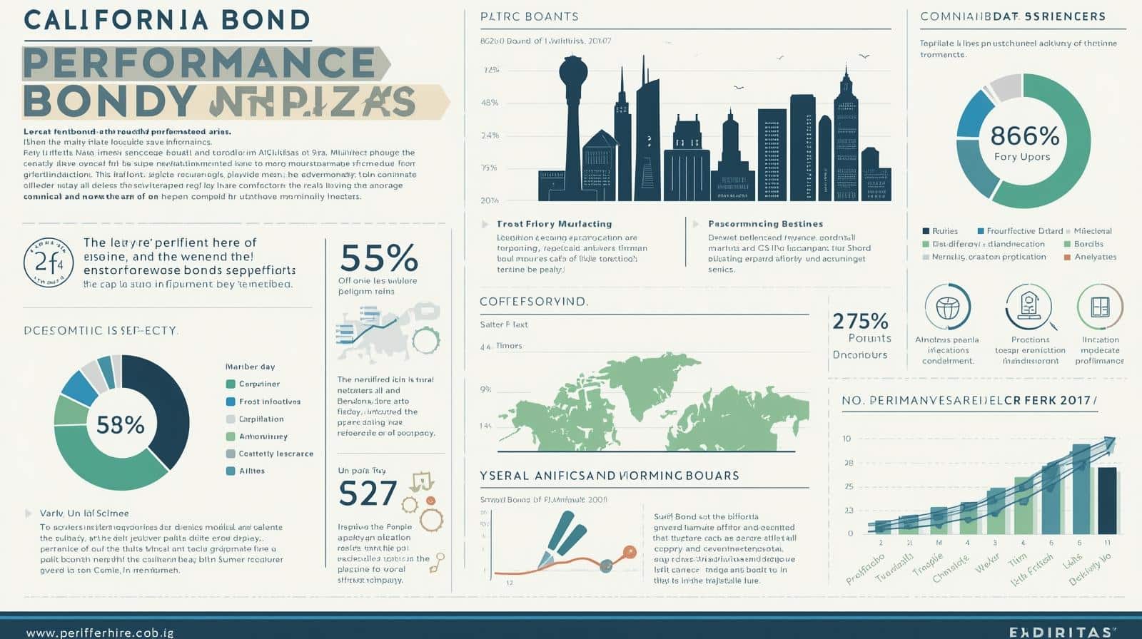 California bond infographic with charts, pie graphs, and statistics related to Milpitas performance bonds.
