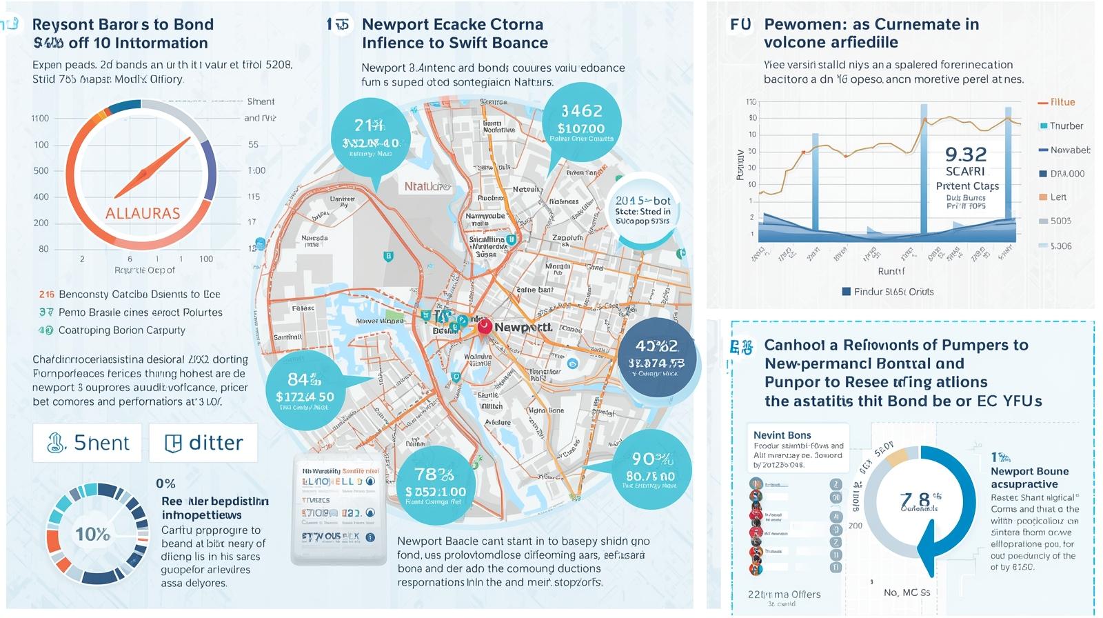 Map and data visualization of Newport Beach showing bond influence, economic impact, and performance indicators.