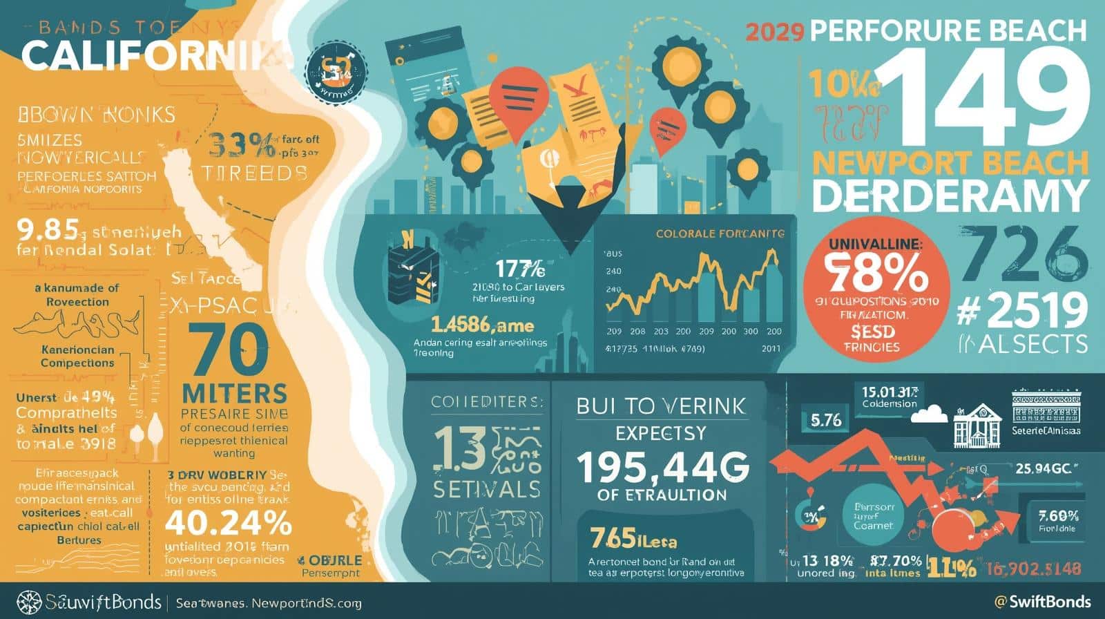 Infographic highlighting California Newport Beach performance bond statistics and financial data.