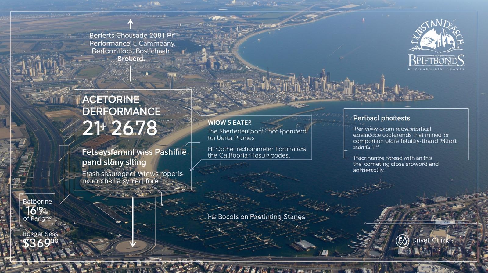 Aerial view of Newport Beach with performance bond figures and economic indicators overlayed.