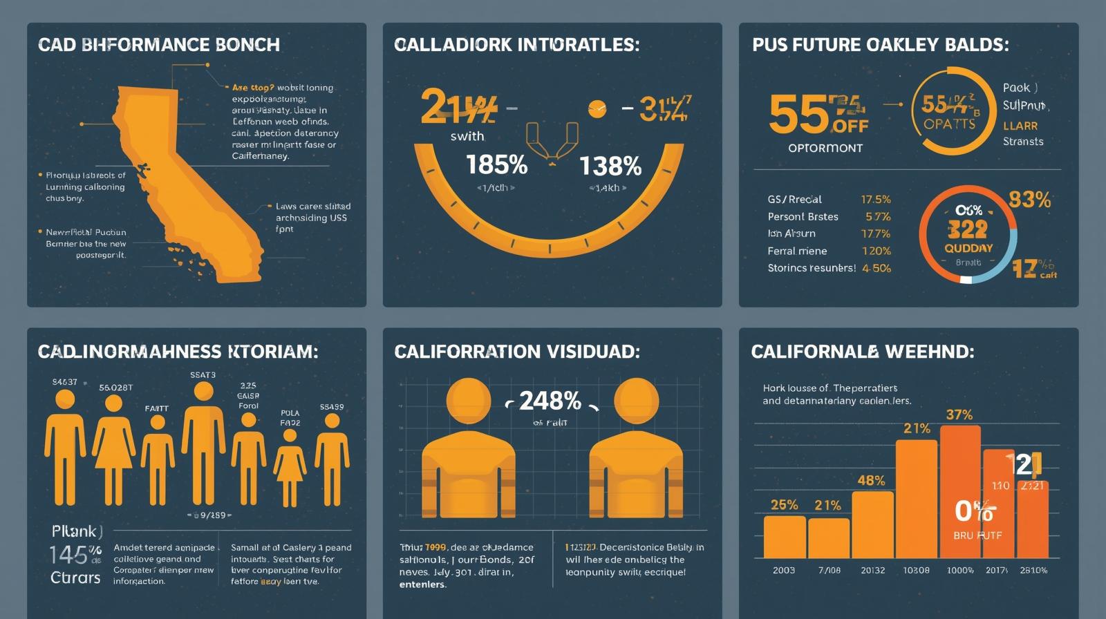 Infographic showing California performance bond data with statistics, charts, and demographic visuals related to Oakley.
