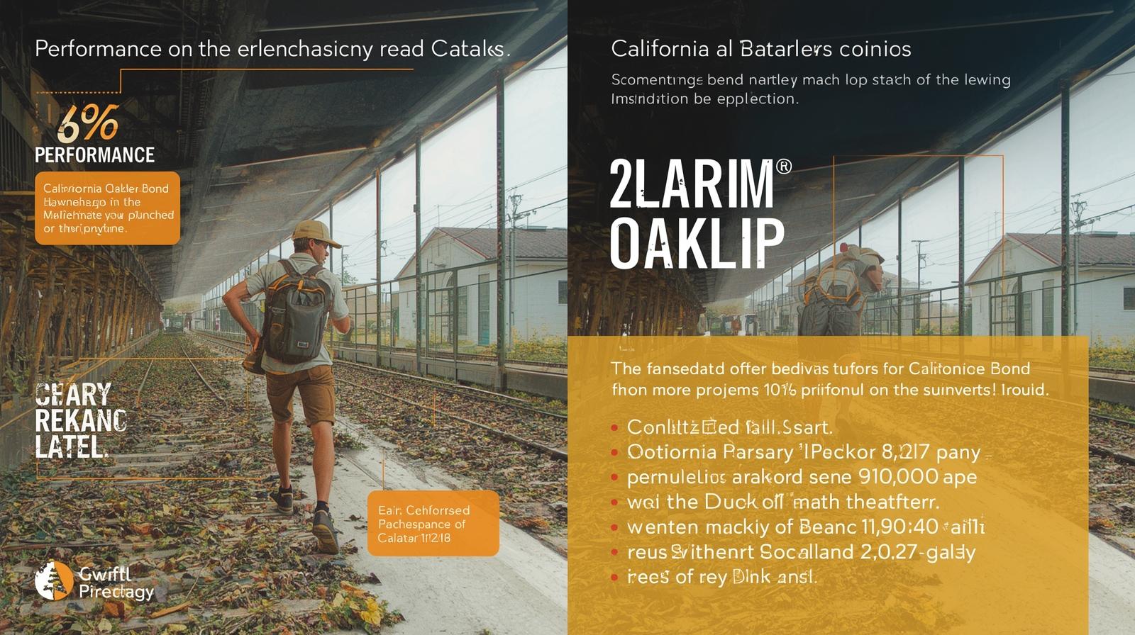 Split graphic showing a person walking along train tracks with performance bond details and highlights for California Oakley.