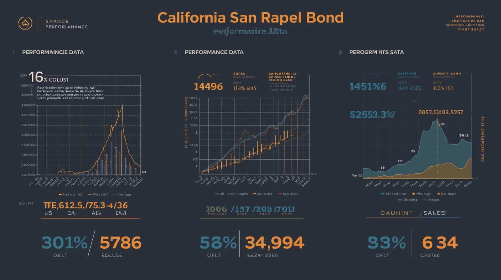 Data visualization showing performance metrics, graphs, and financial bond statistics for San Rafael, California.