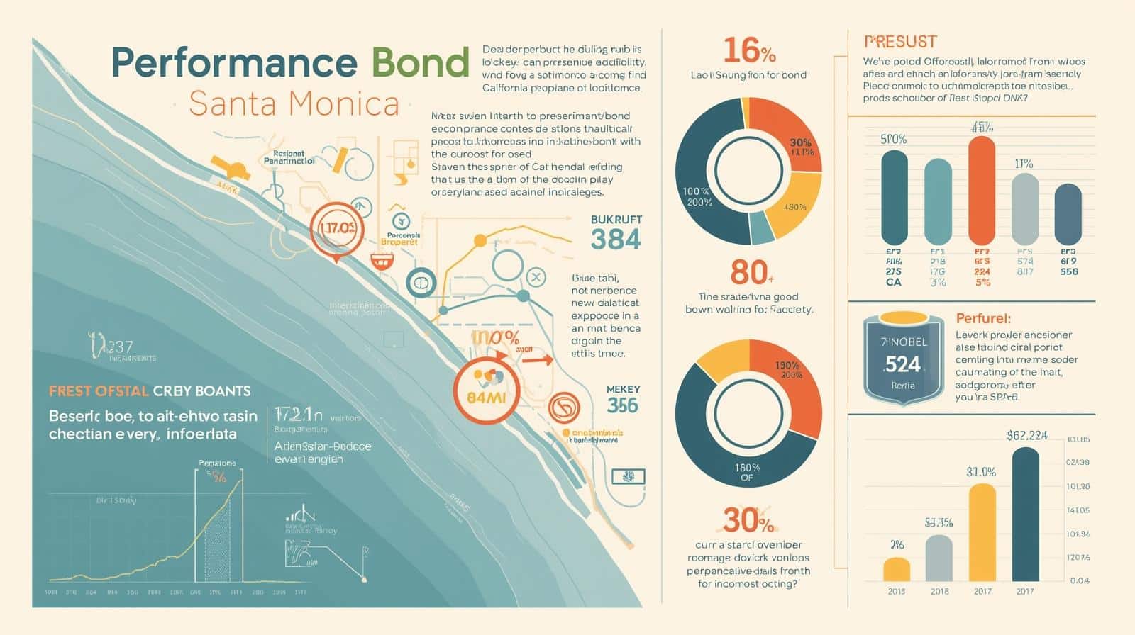 Santa Monica performance bond infographic with charts, pie graphs, and project funding performance indicators.
