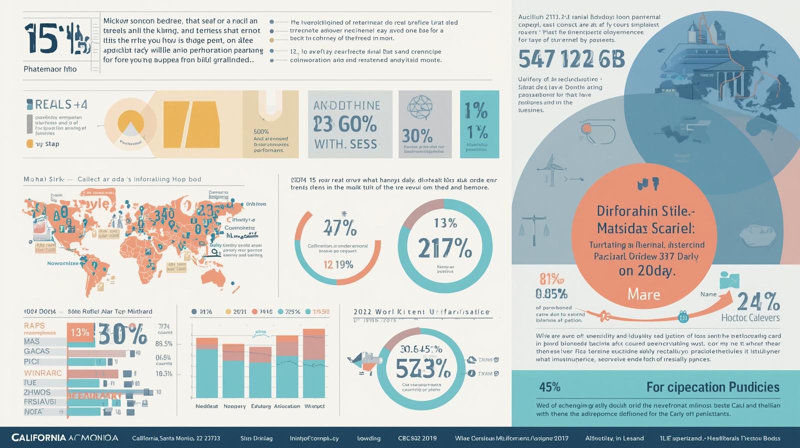 Infographic on California Santa Monica performance bond data with global maps, charts, and financial statistics.