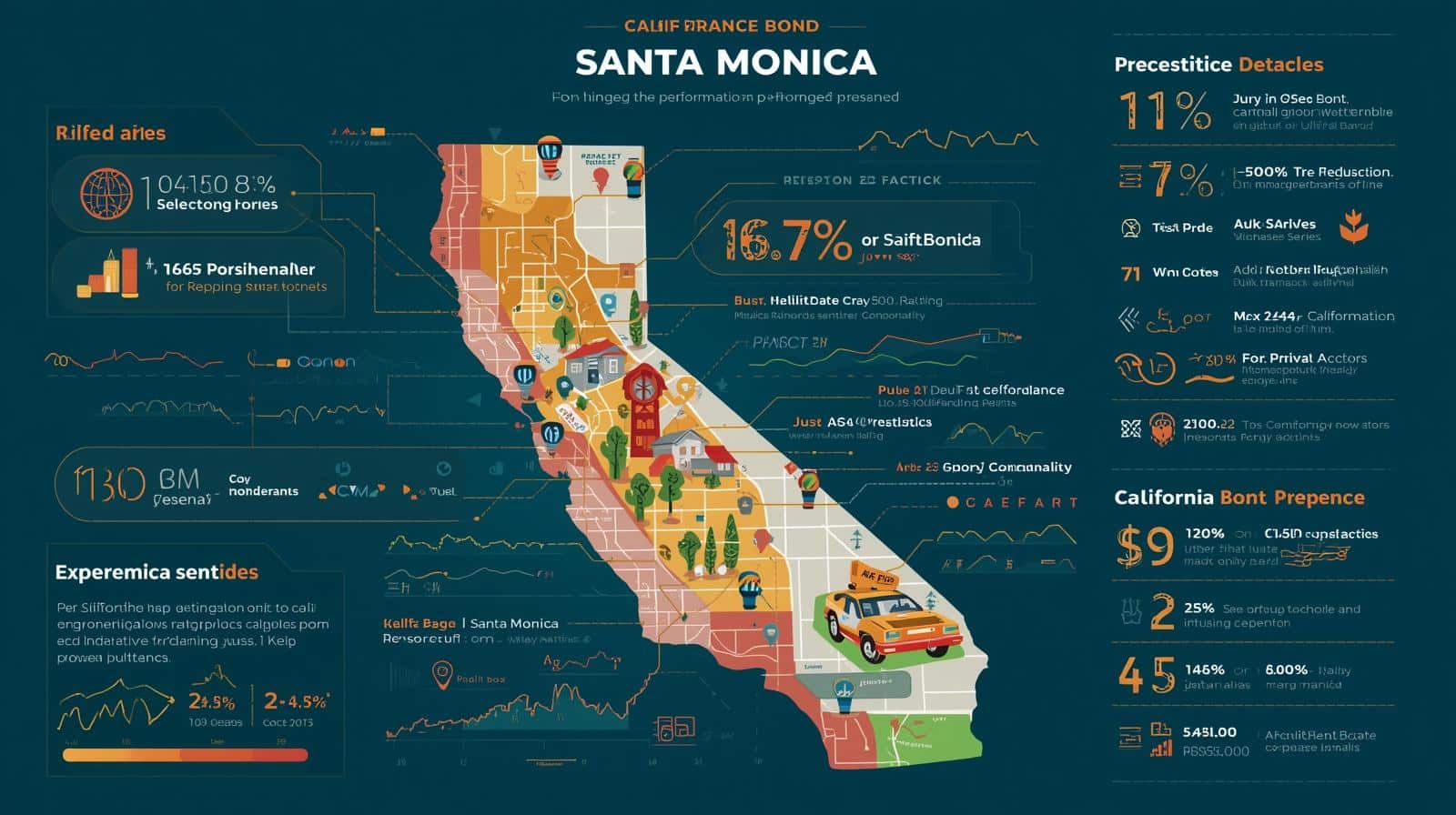 California performance bond Santa Monica infographic with a state map, bond presence stats, and compliance details.