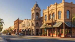 Pico Rivera’s main street at golden hour, showcasing preserved historic architecture and calm streets, highlighting the city’s balance between tradition and regulated modern construction practices.