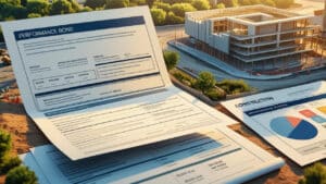 A close-up view of a detailed performance bond document resting on a hill, with a partially constructed modern building in Pico Rivera, California, symbolizing the financial assurance required for local construction projects.