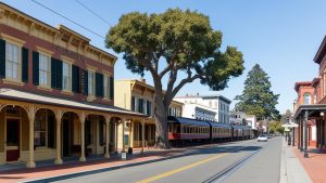 Historic downtown Pleasanton, California, with vintage architecture, tree-lined streets, and a heritage train in the background.