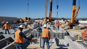 Close-up view of wooden and steel framing during the construction of a commercial building in Pleasanton, California, showcasing structural precision.