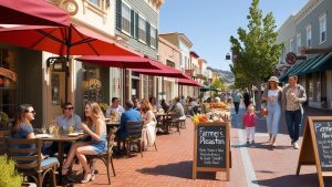 Downtown Pleasanton, California, featuring outdoor dining at local cafes with people enjoying meals and shopping under red umbrellas.