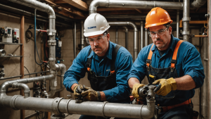 an image depicting a plumbing contractor working on a complex pipe system in a residential basement. Show the contractor using tools, wearing protective gear, with a focused expression, surrounded by pipes, valves, and meters.