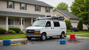 an image of a plumbing contractor's van parked in front of a house, with tools and equipment spilling out. Show a plumber fixing a leaky faucet and inspecting a water heater.