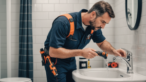 an image showing a professional plumbing contractor in a uniform, inspecting and repairing a leaky faucet in a modern bathroom. Include tools, pipes, and a satisfied homeowner looking on.