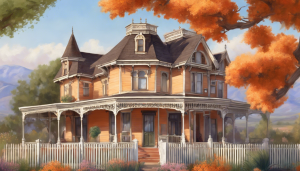 an image of an old Victorian-style home with a wrap-around porch, surrounded by blooming orange groves and distant mountains, capturing the historic charm of Porterville, CA.