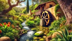 A historic scene in Poway, California, featuring an old waterwheel surrounded by lush greenery and a winding stream. A charming adobe house rests in the background under clear blue skies, highlighting the town's tranquil and historic atmosphere.