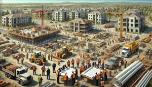 Another view of a dynamic construction site in Poway, California, featuring cranes, equipment, and a group of professionals discussing project plans. The site is surrounded by a suburban neighborhood under a bright, clear sky.