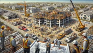 A bustling construction site in Poway, California, depicting active workers, heavy machinery, and ongoing development. Professionals in hard hats are seen collaborating on blueprints in the foreground.