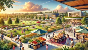 A vibrant community scene in Poway, California, showcasing a modern farmers market with colorful fresh produce, a lively park with families enjoying recreational activities, and a trendy cafe with outdoor seating.