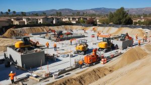 Construction workers in Rancho Santa Margarita, California, collaborating on a site with heavy machinery under a clear blue sky.