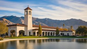 The Rancho Santa Margarita library and community center with a backdrop of mountains and a tranquil lake.