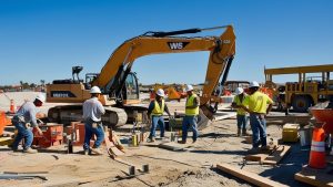 A construction site in Rancho Santa Margarita, California, featuring excavation equipment and workers building a residential project.