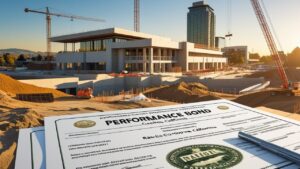 Performance bond paperwork laid out on a table at a modern construction site in Rancho Cordova, California, with cranes and glass buildings in the background, emphasizing legal compliance in development.