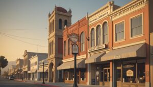 Historic commercial buildings along a quiet street in downtown Rancho Cordova, California, showcasing the city’s blend of preserved architecture and modern regulatory practices such as performance bonds.