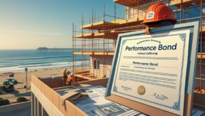 Construction crew working on a beachside development in Redondo Beach, California, with performance bond paperwork and a hard hat displayed prominently in the foreground, emphasizing regulatory protection for coastal projects.