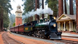 Historic steam train in Redwood City, California, with redwood trees in the background, symbolizing the city's blend of heritage and modern development protected through performance bonds in construction.