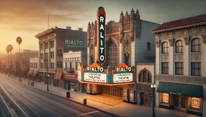 an image showcasing the historical Rialto Theatre, with its iconic marquee and intricate architectural details. Include the surrounding area to highlight its significance in Rialto's history.