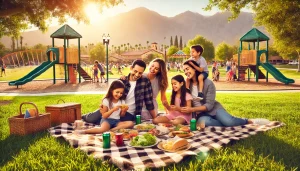 an image showcasing a family enjoying a picnic at Frisbie Park with a backdrop of green grass, a playground, and a view of the San Bernardino Mountains in Rialto, CA.