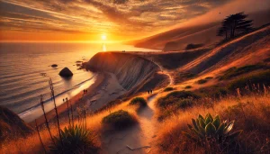 an image showcasing a serene sunset over the coastal cliffs of Point Pinole Regional Shoreline in Richmond, CA. Include hikers on the trail and a diverse array of local flora and fauna.