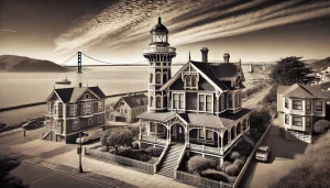 an image showcasing the historic Point Richmond district in Richmond, CA. Include the iconic Point Richmond lighthouse, Victorian architecture, and a backdrop of the San Francisco Bay.