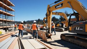 Construction workers and heavy equipment at an active construction site in Rohnert Park, California, showcasing the importance of performance bonds for large-scale projects.