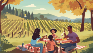 Family enjoying a picnic in the scenic vineyards near Rohnert Park, California, highlighting the area’s picturesque wine country and family-friendly activities.