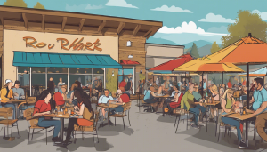 Vibrant outdoor dining area in Rohnert Park, California, with locals enjoying meals under colorful umbrellas, reflecting the community's lively atmosphere.