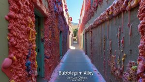 Colorful and iconic Bubblegum Alley in San Luis Obispo, California, adorned with layers of chewing gum art along its narrow walkway.