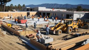 Construction site in San Luis Obispo, California, showcasing workers, machinery, and ongoing development with scenic hills in the background.