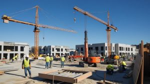 Construction workers at an active building site in San Bruno, California, with cranes and machinery in the background under clear blue skies.